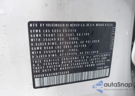 2022 Volkswagen Tiguan 2.0T Sel R-Line из США, поврежденный, VIN 3VV4B7AX4NM150568